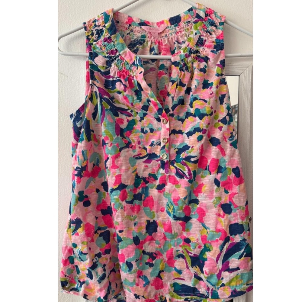 Lilly Pulitzer Womens Small Pink Blue Abstract Floral Smocked Sleeveless Top
